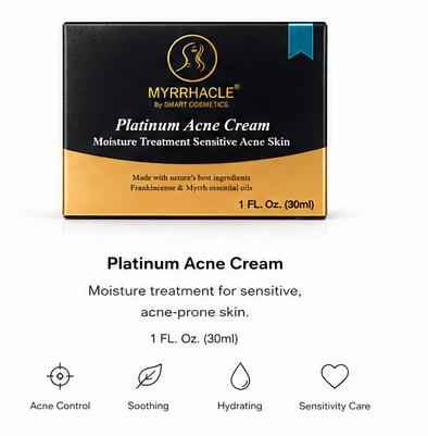 Myrrhacle Platinum Acne Cream box featuring a sleek design, labeled for moisture treatment for sensitive, acne-prone skin.
