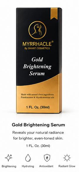 Myrrhacle Gold Brightening Serum packaging featuring a sleek black and gold design, highlighting its natural ingredients and 