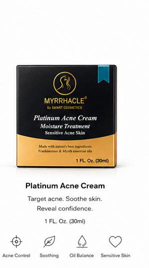 Myrrhacle Platinum Acne Cream box, 1 FL. Oz. (30ml), designed for sensitive skin, promotes acne control and soothing effects.