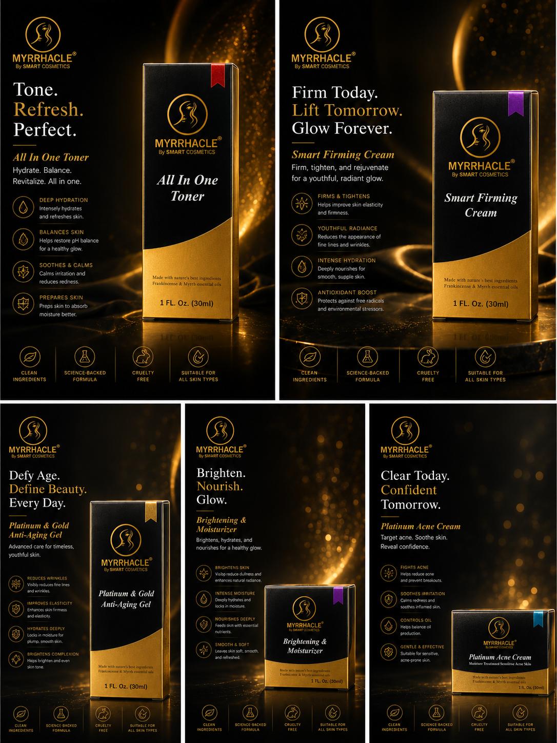 Myrrhacle Gold Brightening Serum in elegant packaging, featuring gold accents and product details for skincare benefits.
